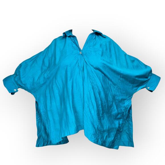 Dilemma Dhun Shroff Turquoise Art-To-Wear Textured Cotton Blend Shirt Lagenlook - Picture 6 of 13